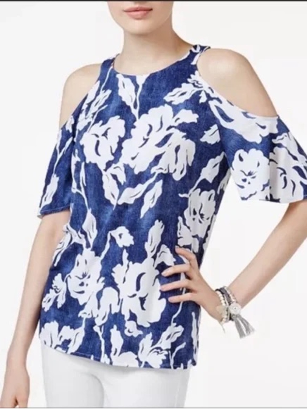 INC International Concepts Blue and White Cold-Shoulder Floral Tank Top